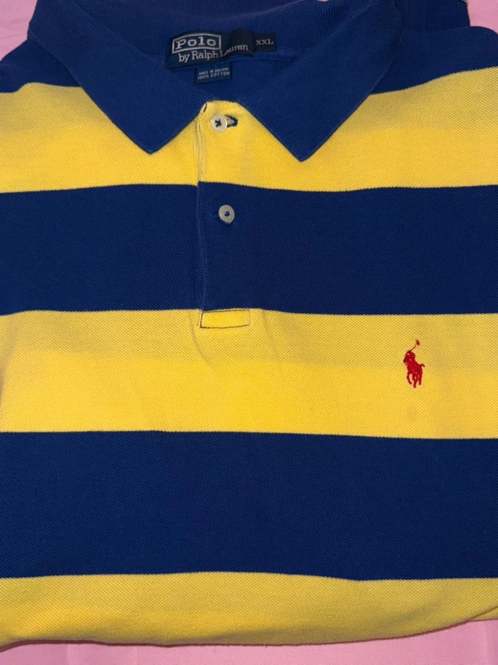vintage Polo Ralph Lauren yellow and navy blue striped short-sleeve polo shirt